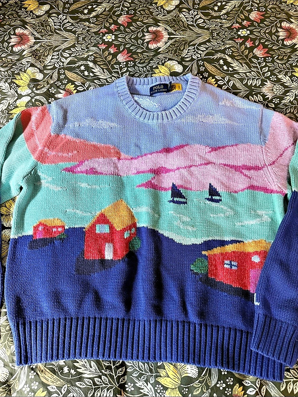 Polo Ralph Lauren Scenic Coastal Landscape Intarsia Knit Sweater Blue & Pink M
